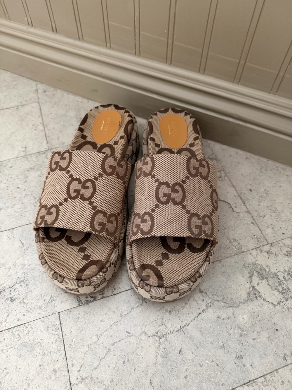 Gucci Brown Beige GG Logo Kids Slide Sandals